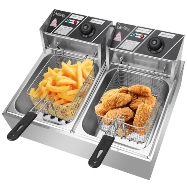 YAPENG Electric Deep Fryer, 12L*2 Large Capacity Countertop Fryer w/Dual Removable Basket and Lids, 2500W*2 Stainless Steel Deep Fryer, Silver