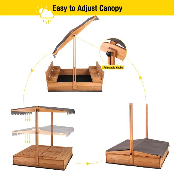 Morgete 47'' Outdoor Sandbox for Kids with Lid and Bench， Wooden Sand Play Toys Center with Adjustable Canopy - Image 3