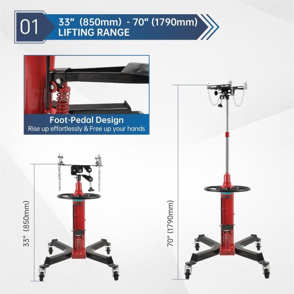 BATONECO 1660 lbs/0.75T Capacity Hydraulic Transmission Jack 34" - 70" Adjustable Height Telescopic Transmission Jack 2-Stage w/ Pedal 360° Swivel Wheel Lift Hoist for Car Lift Garage - Image 3