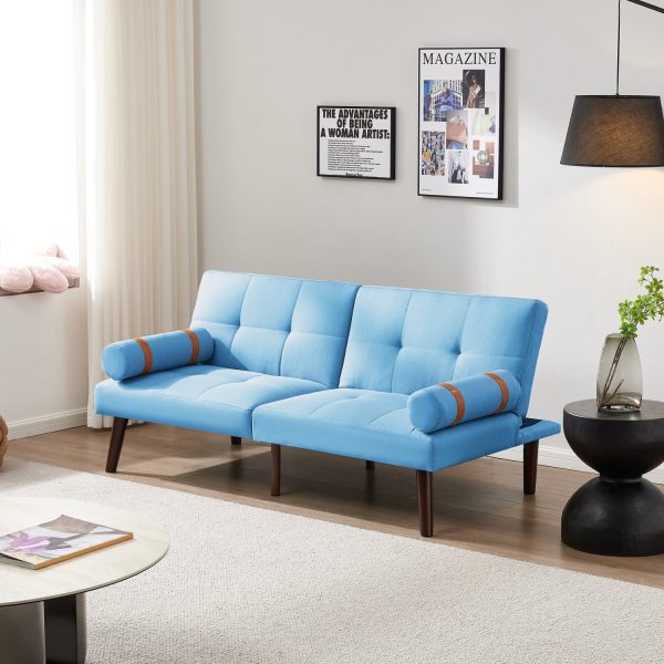 Blue Linen Modern Convertible Futon Sofa Bed with Solid Wood Legs for Versatile Sleeping Options and Stylish Living Room Decor. - Image 2