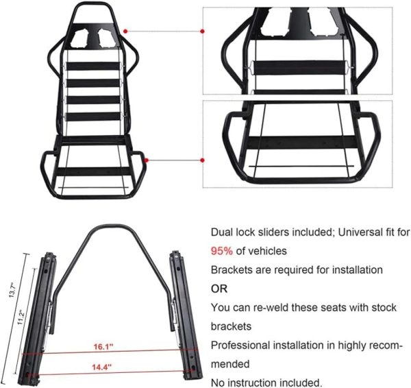 Universal Set of 2 Racing Seats Pair Black Leather Reclinable Bucket Sport Seats - Image 11