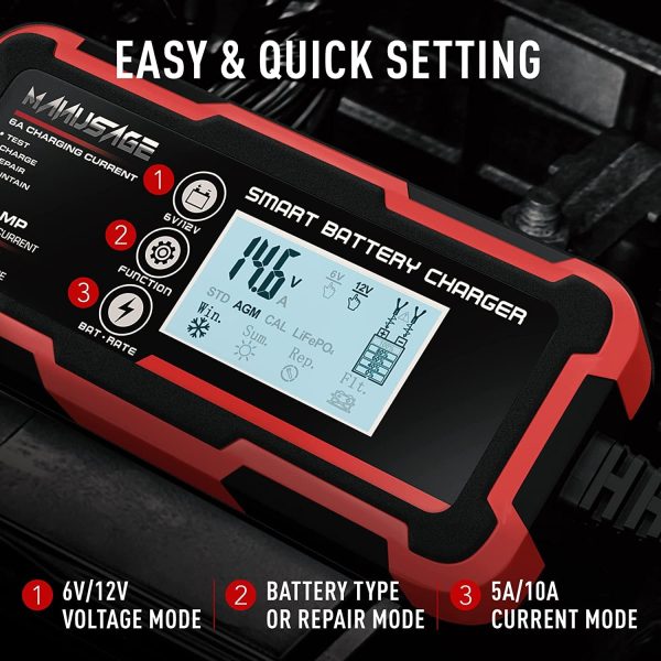 Manusage 10-Amp Fully-Automatic Smart Charger, 6V and 12V Portable Automotive Car Battery Charger, Battery Maintainer, Trickle Charger,Battery Desulfator with Temperature Compensation, AGM,Deep Cycle - Image 3