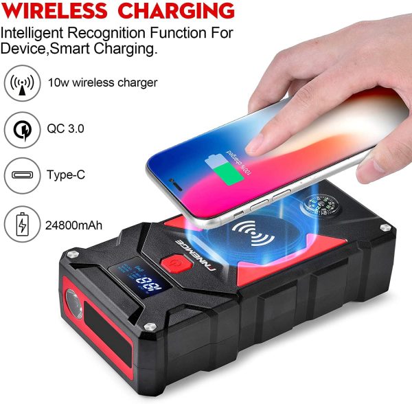 FNNEMGE Car Jump Starter 2500A Peak 24800mAh 12V Super Safe Jump Starter(Up to All Gas, 8.0L Diesel Engine), with 10W Wireless Charger Power Bank, with Smart Jumper Cable, USB Quick Charge 3.0 - Image 6