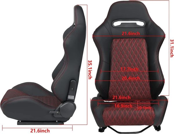 Universal Set of 2 Racing Seats Pair Black Leather Reclinable Bucket Sport Seats - Image 4