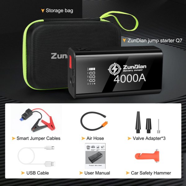 Jump Starter with Air Compressor, 4000A Portable Battery Jump Starter, 150PSI Digital Tire Inflator, 12V Jump Box Battery Power Pack(10.0L Gas/8.0L Diesel), Jumper Cables, QC 3.0, Included Gifts - Image 4