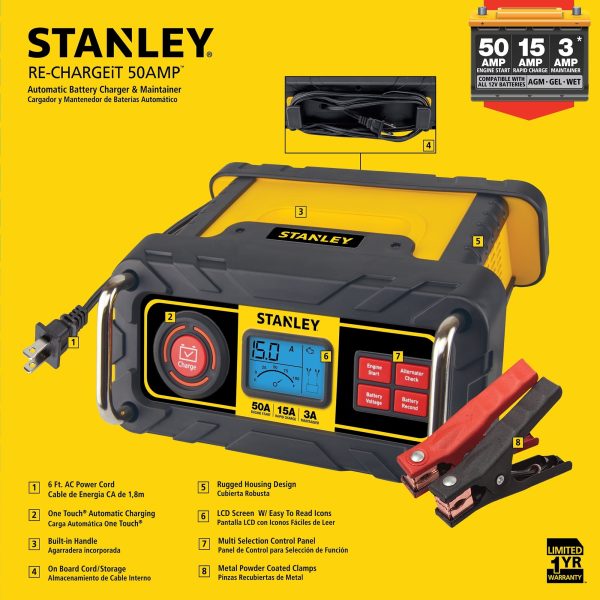 STANLEY 15 Amp Automotive Battery Charger with 50 Amp Engine Start (BC50BS) New - Image 8