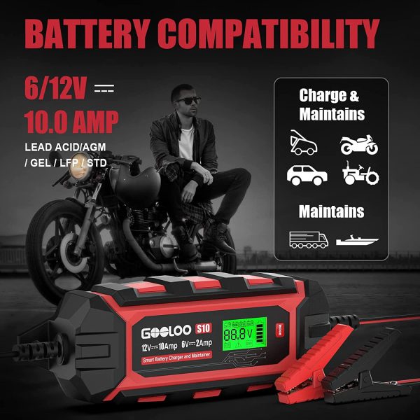 10-Amp Car Battery Charger, 6V and 12V Fully Automatic Battery Charger Maintainer, Trickle Charger, Supersafe Smart Battery Desulfator for Lead-Acid Batteries(S10) - Image 8