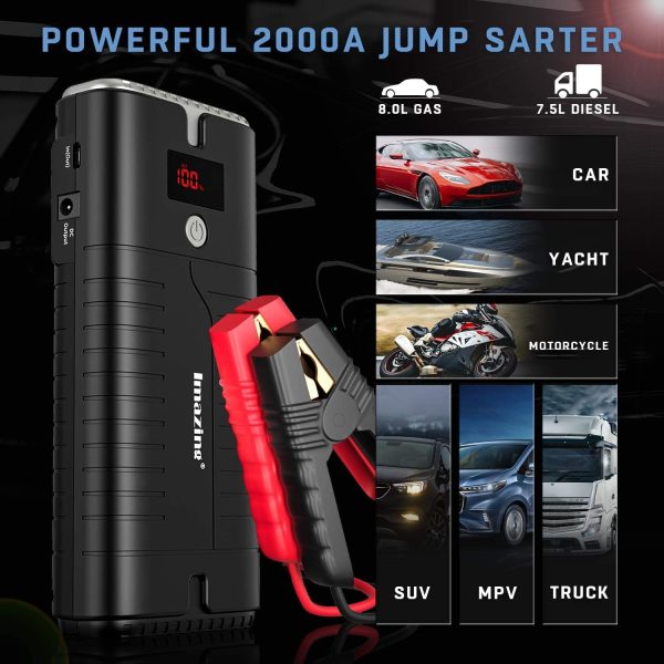 Imazing Portable Car Jump Starter 2000A Peak 18000mAH, 12V Auto Battery Booster Portable Power Pack with LCD Display Jumper Cables, QC 3.0 and LED Light - Image 4