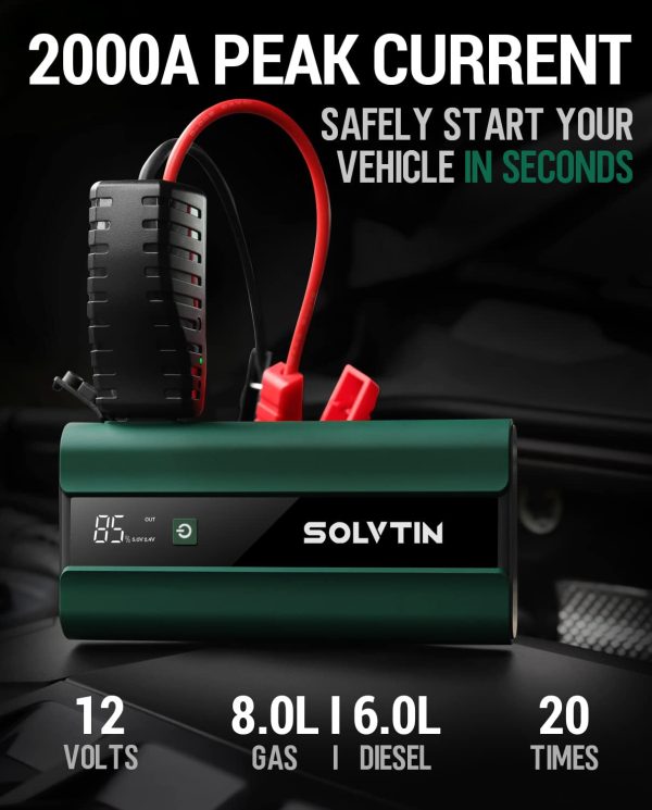 SOLVTIN S6 Pro Jump Starter 2000A Peak, Portable Car Jump Starter for up to 8L Gas and 6L Diesel, 12V Battery Booster Pack with LCD Display, Jumper Cables, PD30W Type-C Port, QC3.0, LED Light - Image 4