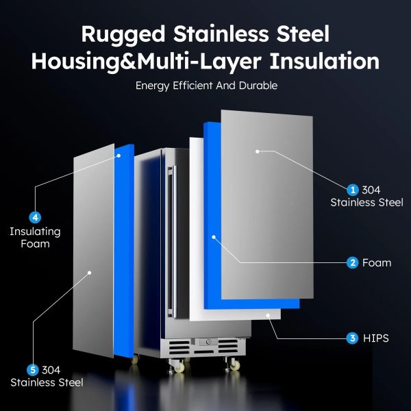 Ecojoy Outdoor Beverage Refrigerator, 15 Inch Stainless Steel Under Counter Beer Beverage Fridge for 120 Cans w/ 37-65℉ - Image 5