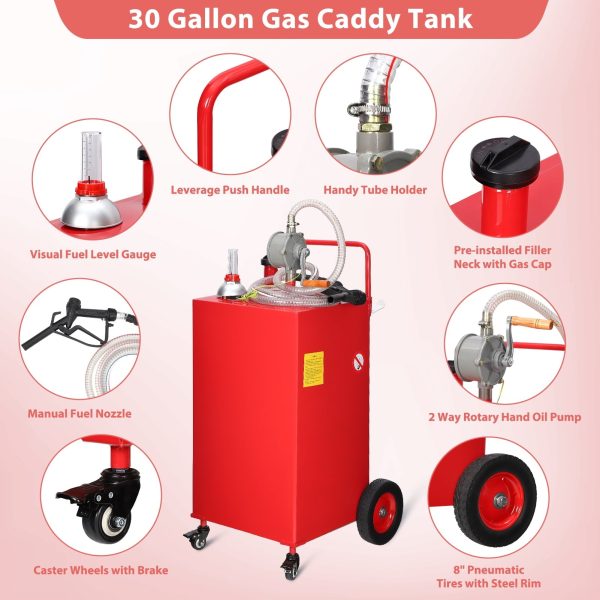 Fuel Caddy, 35 Gallon Portable Stainless Steel Gas Storage Tank On 4 Wheels with Manual Transfer Pump, Gasoline Diesel Fuel Container with Siphon Pump, for Cars Lawn Mowers ATVs Boats - Image 2