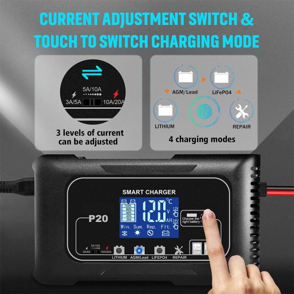 Paddsun 20-Amp Smart Battery Charger,12V-24V Lithium Lifepo4 Lead-Acid(AGM/Gel/SLA) Car Battery Charger Trickle Charger Maintainer Pulse Repair Charger for Car Boat Motorcycle Lawn Mower - Image 8