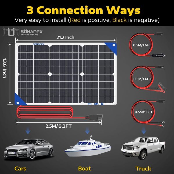 SUNAPEX Solar Battery Trickle Charger Maintainer 30W 12V Waterproof Solar Panel Trickle Charger for Car Boat RV Truck Motorcycle Marine Tractor Battery Visit the SUNAPEX Store - Image 6