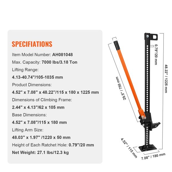 SKYSHALO 48" Off Road Farm Jack Hoist 7000 lbs High Lift Tractor Vehicle's Winch - Image 7