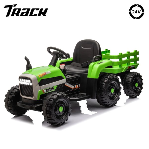 Track 7 24V Ride on Tractor with Trailer, 400W Motor, 6-Wheels Ride on Truck Car with Remote Control, Music, Lights, Electric Tractor Max Speed 5 mph, Green