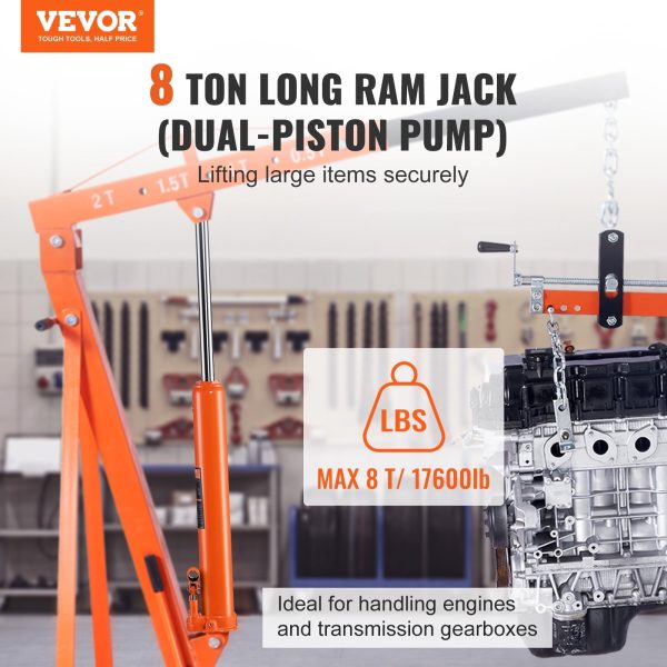 BENTISM Hydraulic Long Ram Jack, 8 Ton Engine Hoist Cylinder with Double Piston Pump And Clevis Base, Hydraulic Ram Cylinder for Engine Lift Hoists, Hydraulic Garage/Shop Cranes, Mechanical, Farm - Image 2