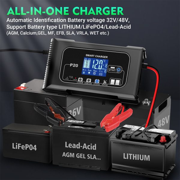 Paddsun 20-Amp Smart Battery Charger,12V-24V Lithium Lifepo4 Lead-Acid(AGM/Gel/SLA) Car Battery Charger Trickle Charger Maintainer Pulse Repair Charger for Car Boat Motorcycle Lawn Mower - Image 7