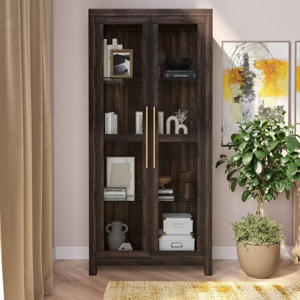 BELLEZE Storage Cabinet, Tall Bookshelf or Display Cabinet For Living Room Bedroom, Curio Cabinet with Tempered Glass Doors, Trophy Display Case, Storage/Organization - Avalon (Dark Walnut) - Image 3