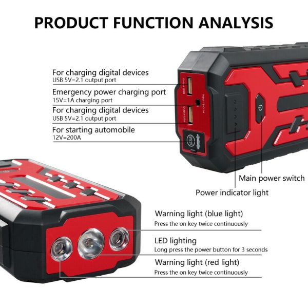 SOATUTO Car Jump Starter 28000mAh Car Jump Starter Box Battery Charger Pack Booster Portable Power Bank - Red - Image 5