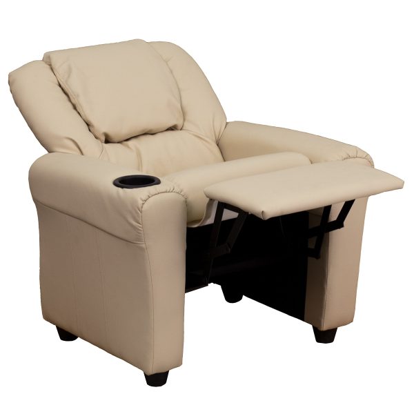 EMMA + OLIVER Beige Vinyl Kids Recliner with Cup Holder and Headrest - Image 4