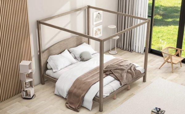 Upgrade your regal bedroom with this elegant and luxurious brown wash canopy platform king size bed. Featuring sturdy support legs and a stylish headboard this bed is the perfect additio - Image 5