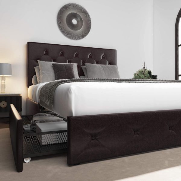 Allewie Black-brown Queen Size Platform Bed Frame with 4 Drawers, Diamond Stitched Button Tufted Faux Leather Upholstered