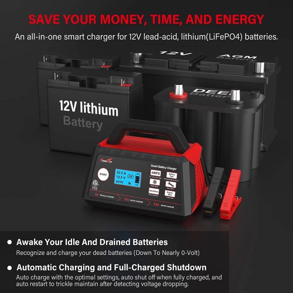 TowerTop Battery Charger, 3/15/25Amp 12V Fully Automatic Smart Trickle Charger, Automotive Battery Maintainer for 12 Volt Lead-Acid and LiFePO4 Lithium Batteries - Image 6