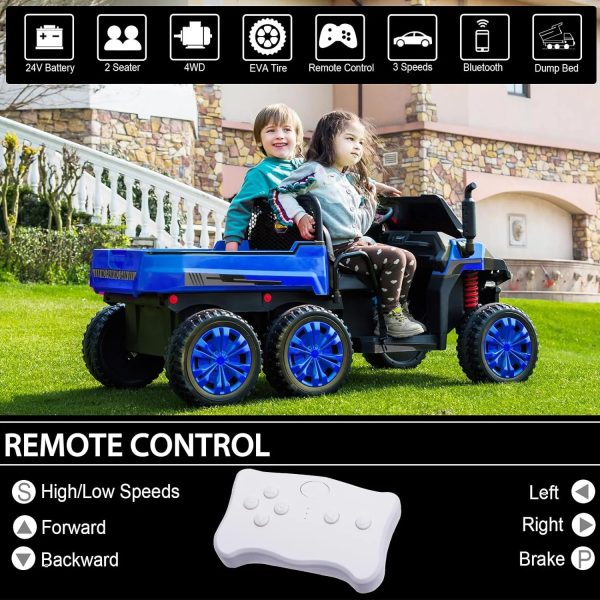 Track 7 24V Ride on Dump Truck, 2-Seater Ride on Car with Remote Control, 6 Wheels Electric Tractor with Dump Bed, Music, Shift Lever, 4WD off-Road UTV, Blue - Image 2