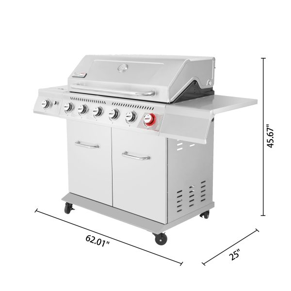 Royal Gourmet GA6402S Stainless Steel Gas Grill, Premier 6-Burner Propane Grill with Sear Burner and Side Burner, 74,000 BTU, Cabinet Style, Outdoor BBQ Party Grill, Silver - Image 6