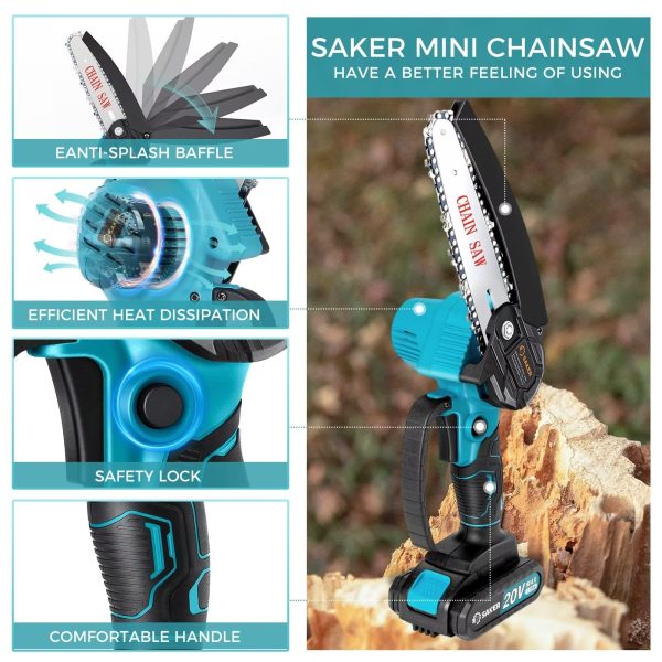 Saker Mini Chainsaw,6 Inch Portable Electric Chainsaw Cordless, Small Handheld Chain saw for Tree Branches,Courtyard, Household and Garden,By 2PCS 20V 1500mAh Batteries,Extra 3 PCS Chain - Image 4