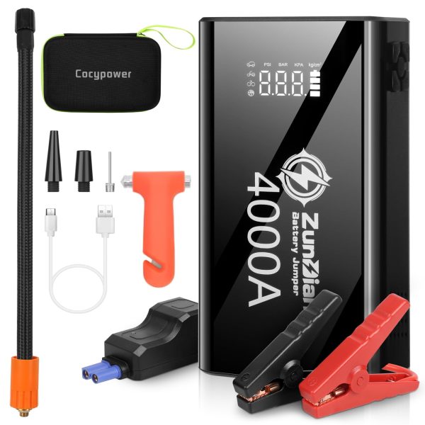 Jump Starter with Air Compressor, 4000A Portable Battery Jump Starter, 150PSI Digital Tire Inflator, 12V Jump Box Battery Power Pack(10.0L Gas/8.0L Diesel), Jumper Cables, QC 3.0, Included Gifts