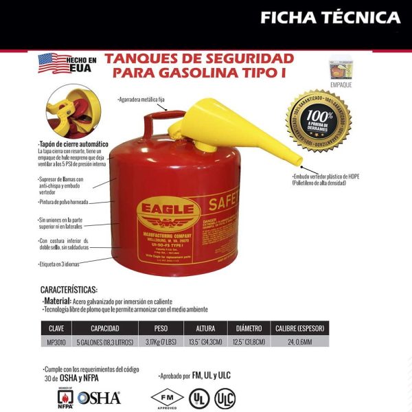 Eagle UI-50-FS Red Galvanized Steel Type I Gasoline Safety Can with Funnel, 5 gallon Capacity, 13.5" Height, 12.5" Diameter - Image 5