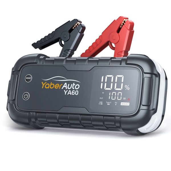 YaberAuto Car Battery Jump Starter 6000A Powerful Portable Jump Box( for All Gas/ 12L Diesel Engines)45W Fast Charging,Extended Jumper Cables,600 Lumens Light