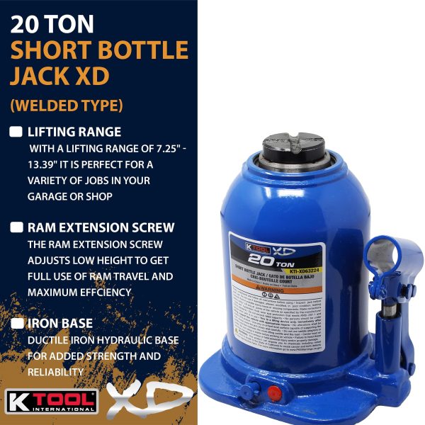 K Tool International XD63224 20 Ton Short Hydraulic Bottle Jack for Garages, Repair Shops, and DIY, 44,000 lbs. Capacity, Lift Range 7.25"-13.39", Heavy Duty Steel, Load-limiting/Bypass Valves, Blue - Image 5