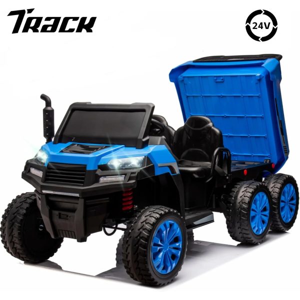 Track 7 24V Ride on Dump Truck, 2-Seater Ride on Car with Remote Control, 6 Wheels Electric Tractor with Dump Bed, Music, Shift Lever, 4WD off-Road UTV, Blue