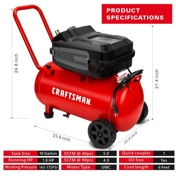 CRAFTSMAN HARD Air Compressor, 10 Gallon 1.8 HP 175 PSI, 4.0CFM@90PSI, Oil Free and Maintenance Free, Portable with Large Wheels, CMXECXA0201041 - Image 3