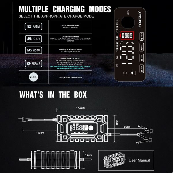 FASLMH Battery Charger 10A 24V5A Smart Automatic Car Battery Charger with LCD Screen Pulse Repair Charger Pack Battery Maintainer for Car, Lawn Mower, Motorcycle, Boat, SUV and More - Image 12