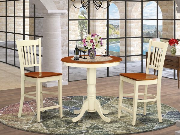 East West Furniture EDGR3-WHI-W Eden 3 Piece Kitchen Counter Set for Small Spaces Contains a Round Room Table with Pedestal and 2 Dining Chairs, 30x30 Inch, Buttermilk & Cherry