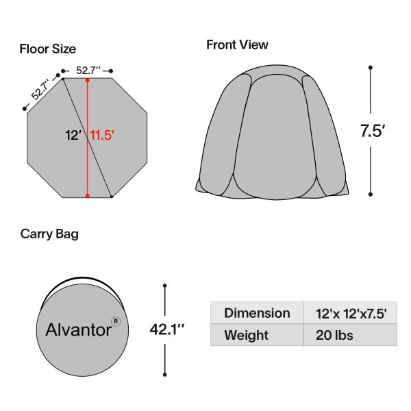 Alvantor Screen House Room Camping 12'x12' Beige Instant Canopy - Image 9