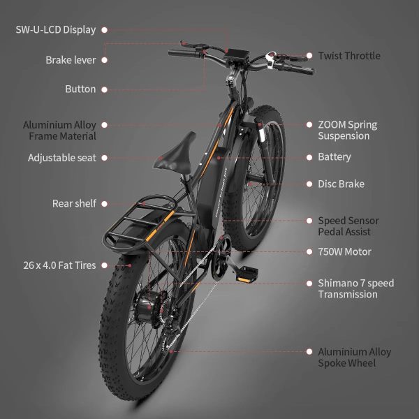 26 In.48V 13Ah 750W Mountain Electric Bikes for Adults Men, 26"x4.0 Fat Tire Electric Bicycle 7 speeds Gear Outdoor Ebikes, Black,S48 - Image 2