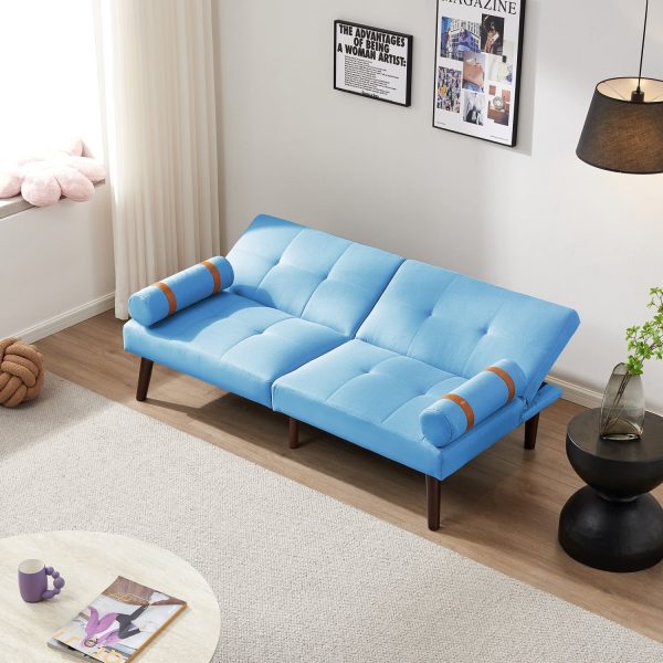 Blue Linen Modern Convertible Futon Sofa Bed with Solid Wood Legs for Versatile Sleeping Options and Stylish Living Room Decor. - Image 4