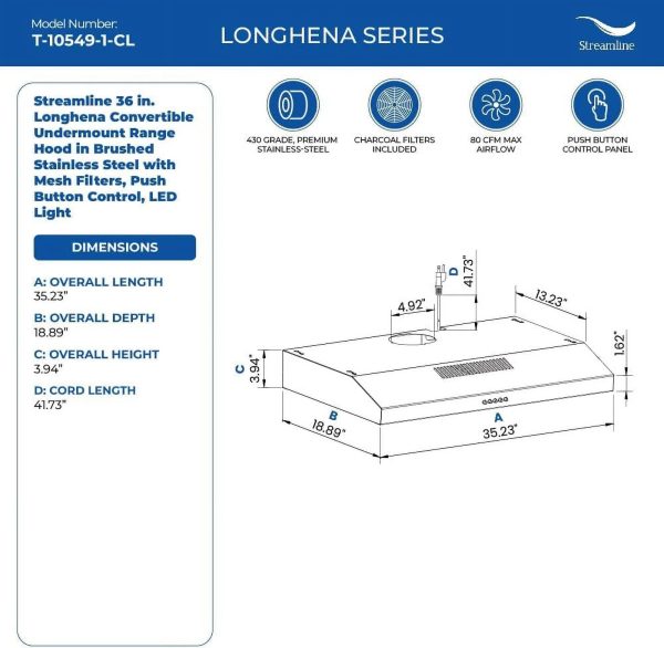 Streamline 36 in. Longhena Convertible Undermount Range Hood in Brushed Stainless Steel with Mesh Filters, Push Button Control, LED Light - Image 5