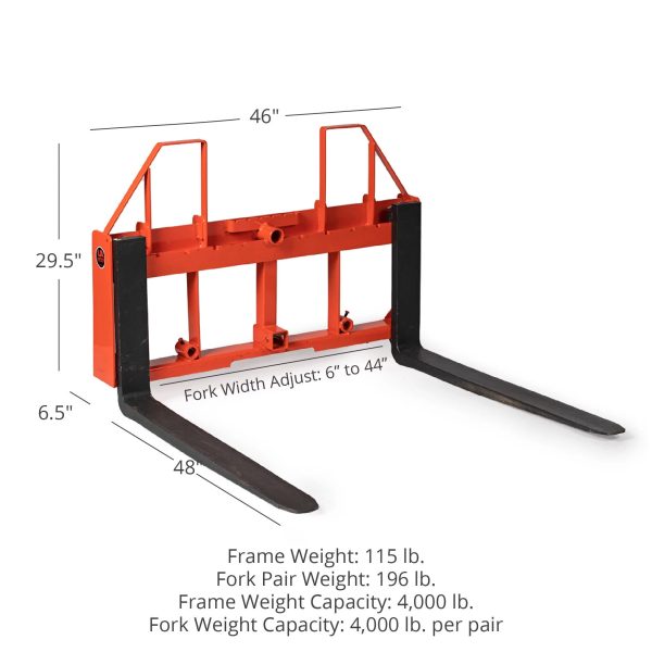 Titan Attachments UA USA Made Orange Step-Through Pallet Fork Frame Attachment, 48in Fork Blades, Rated 4,000 LB, Quick Tach Mounting - Image 2