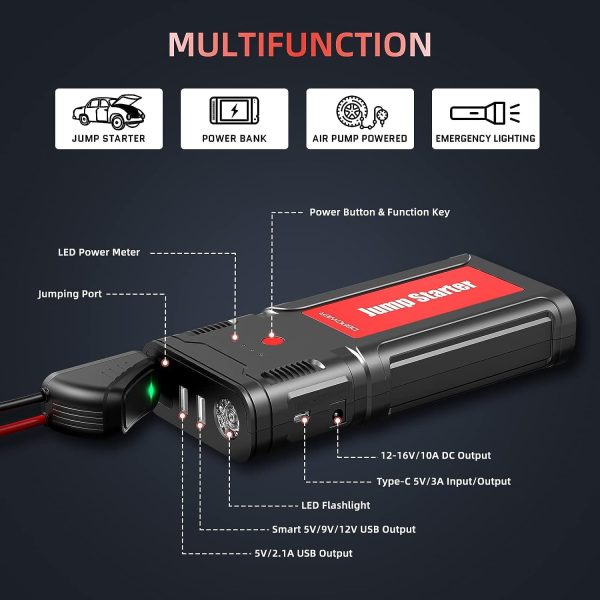 DBPOWER Car Jump Starter - 2500A Peak, 21800mAh Battery, Quick Charge, 12V Portable Booster for 8.0L Gas/6.5L Diesel Engines,Black Red - Image 3