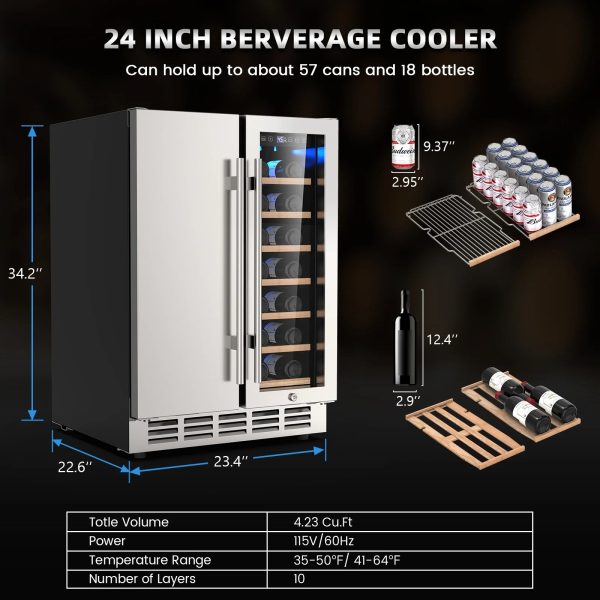 Ecojoy Wine and Beverage Refrigerator, 24 Inch Dual Zone Wine Fridge, Under Counter Wine Cooler Fridge Built-In or Freestanding, Holds 20 Bottles and 57 Cans - Image 6