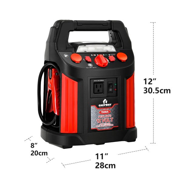 Costway Jump Starter 1500A peak Air Compressor Power Bank Charger w/ LED Light & DC Outlet - Image 2