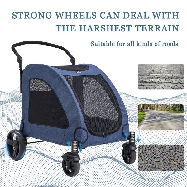 Tikysky 4 Wheel Pet Stroller for Dog and Cat ,Light Foldable,Breathable Mesh Windows,Blue - Image 4