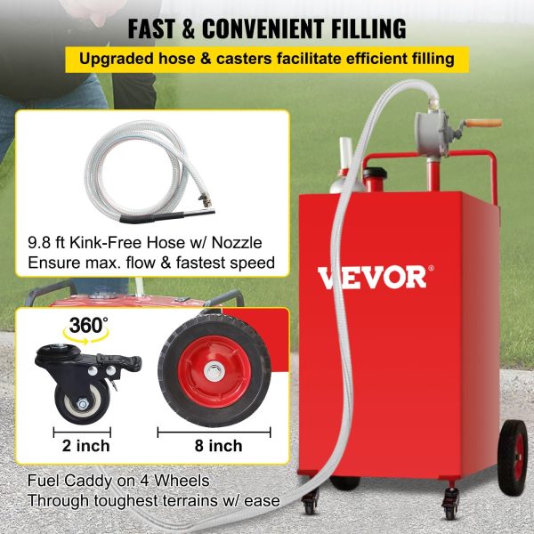 VEVOR 35-Gallon Fuel Caddy with Manual Transfer Pump, Gas Storage Tank on 4 Wheels for Gasoline, Diesel - Image 7