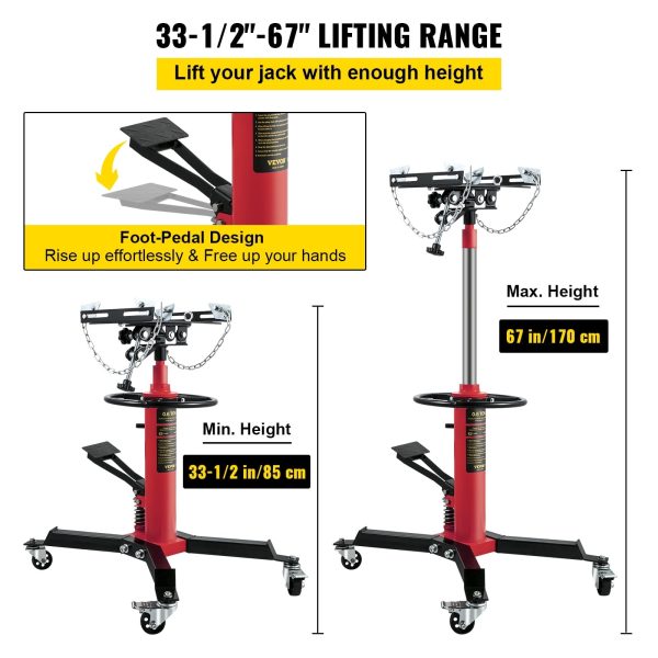 VEVOR Transmission Jack,3/5 Ton/1322 lbs Capacity Hydraulic Telescopic Transmission Jack, 2-Stage Floor Jack Stand with Foot Pedal, 360° Swivel Wheel, Garage/Shop Lift Hoist, Red - Image 3