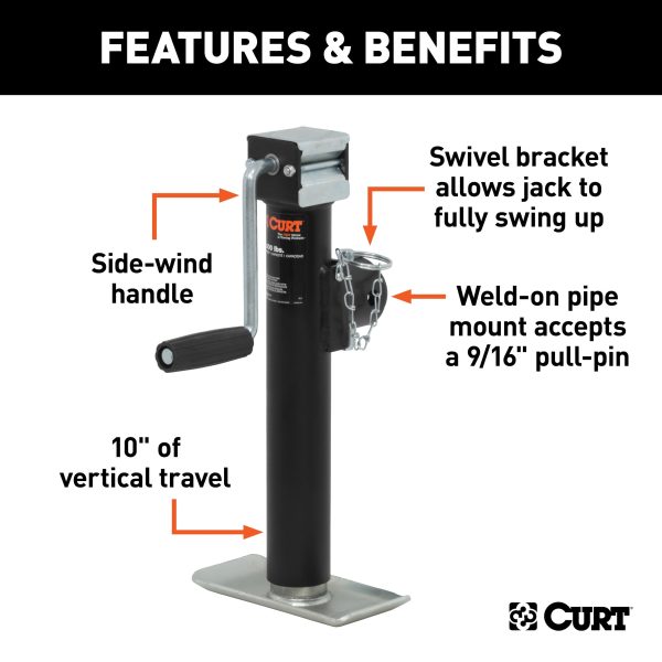 CURT 28321 Weld-On Pipe-Mount Swivel Trailer Jack, 2,000 lbs. 10 Inches Vertical Travel - Image 2